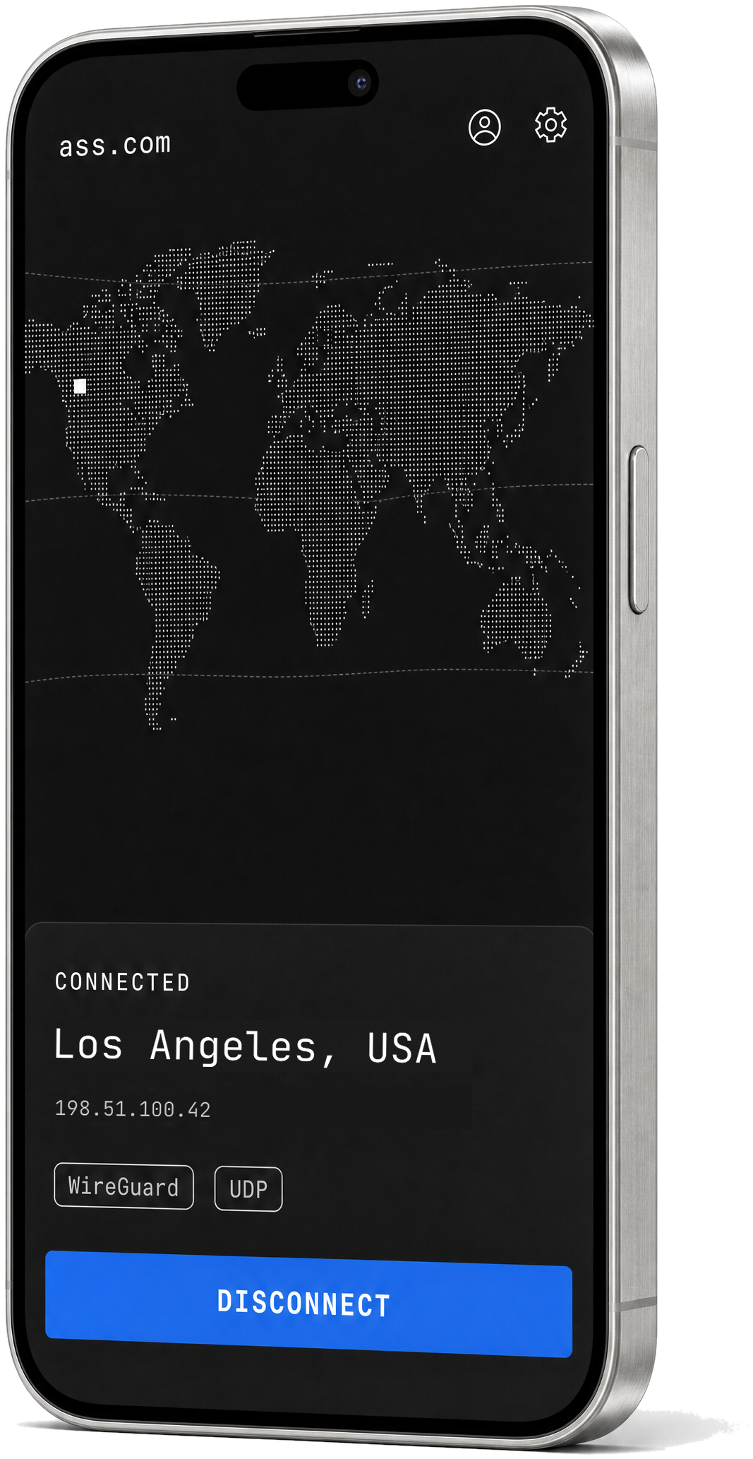 The ass.com app connected to Stockholm, showing a dotted world and one disconnect button